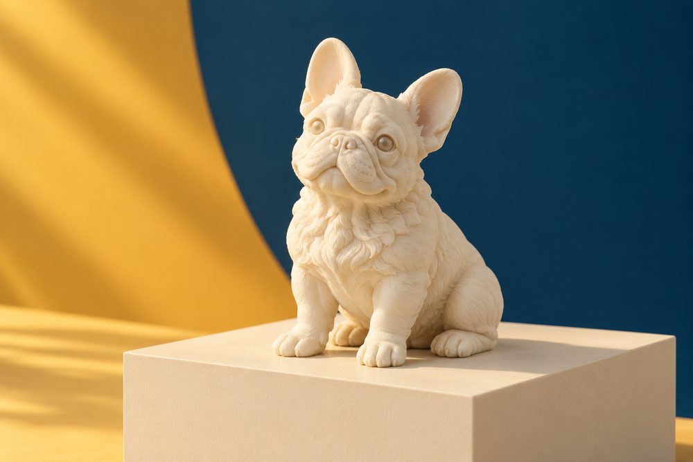 Figura de un bulldog francés en color marfil sobre un pedestal